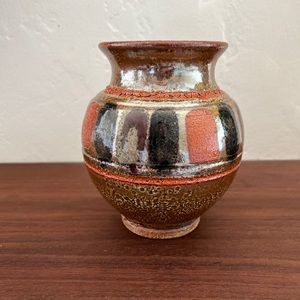 Stoneware hand made vase metallic glaze bronze orange mid century pottery